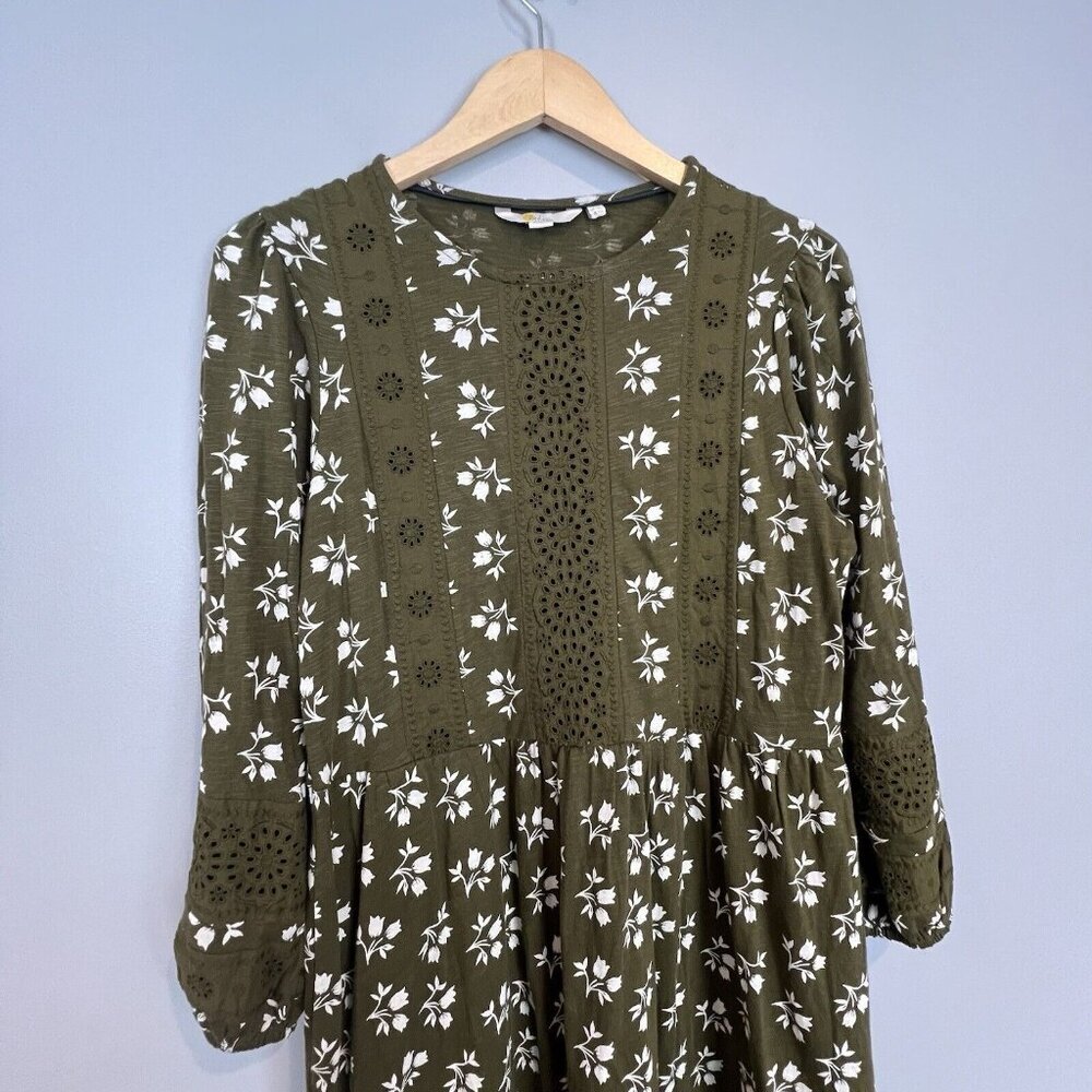 Boden Olive Green Long Sleeve Floral Midi Dress with White Print - Picture 4 of 14